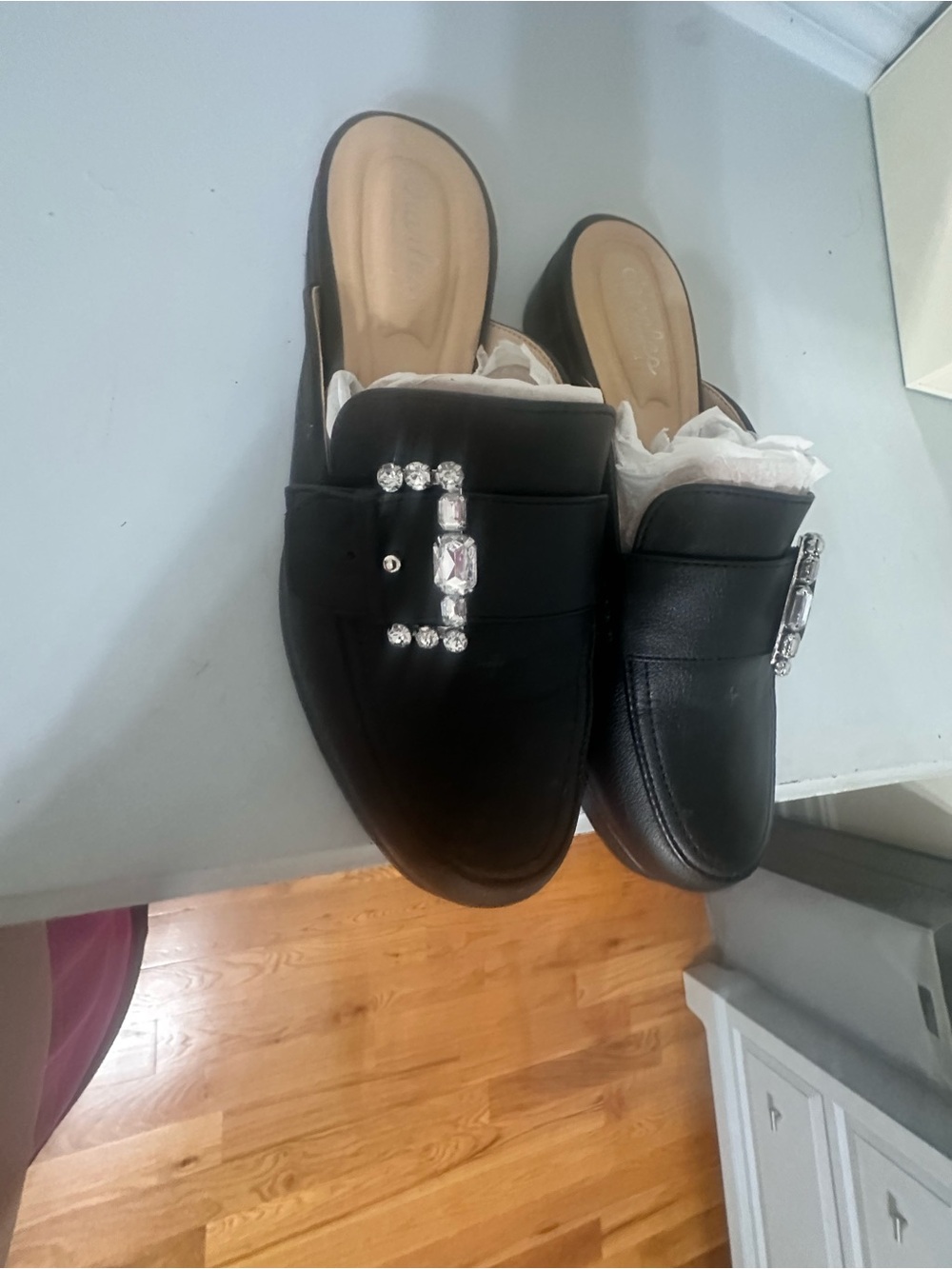 Charles David Black Slip-On Mule Loafers with Jeweled Buckle